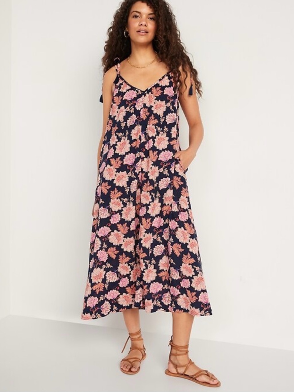 Old Navy Tie-Shoulder Tasseled Floral-Print All-Day Maxi Pockets Boho 2X